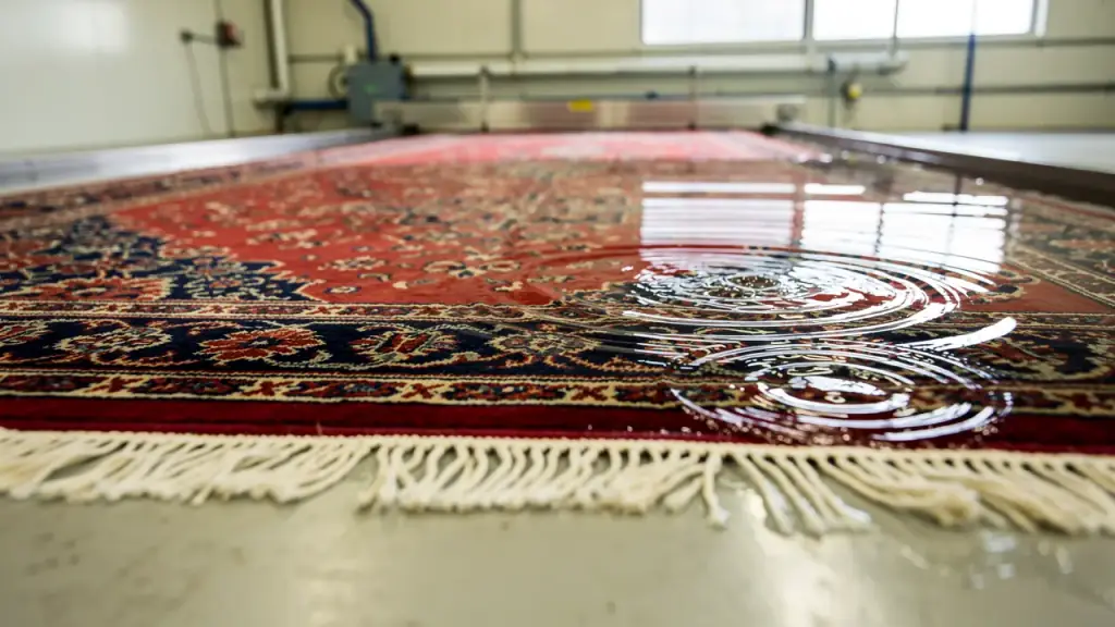 Red and navy oriental rug lying flat under rippling clear rinse water
