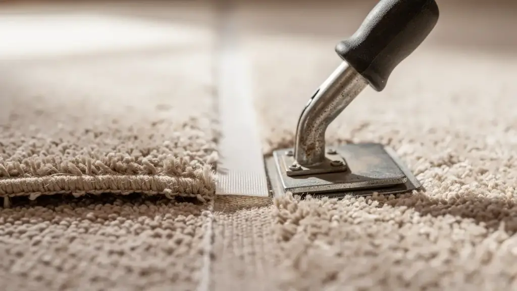 Beige cut-pile carpet seam being joined with a seaming iron over hot-melt tape