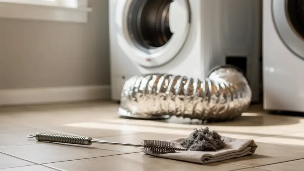 Dryer pulled from the wall with its foil vent detached and a pile of grey lint on a cloth