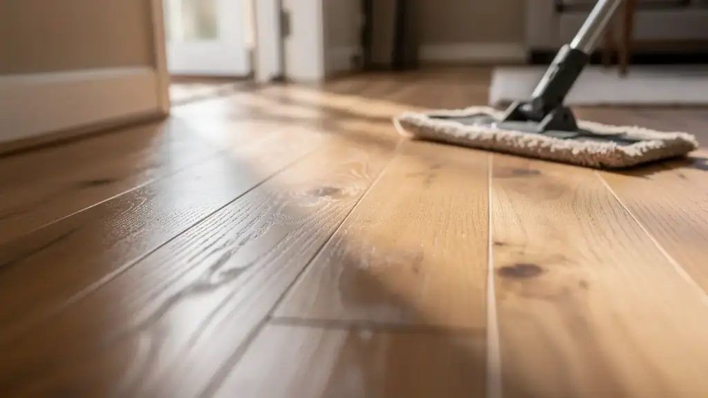 Raking light across freshly cleaned oak floorboards with a microfibre pad tool by a doorway