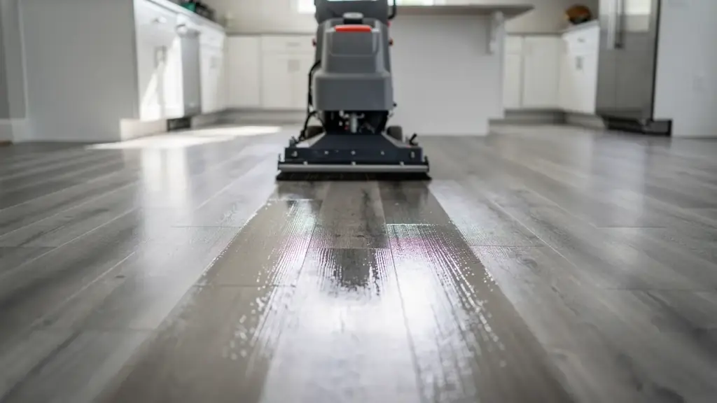 Walk-behind floor scrubber on grey wood-look vinyl plank in a kitchen