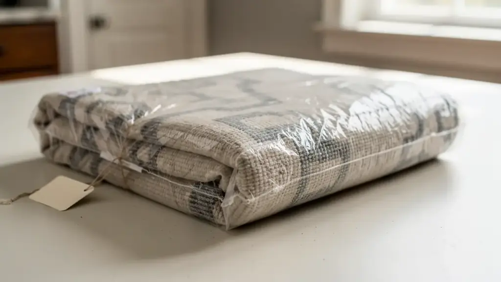 Washable flat-weave rug folded and wrapped in clear plastic on a worktable