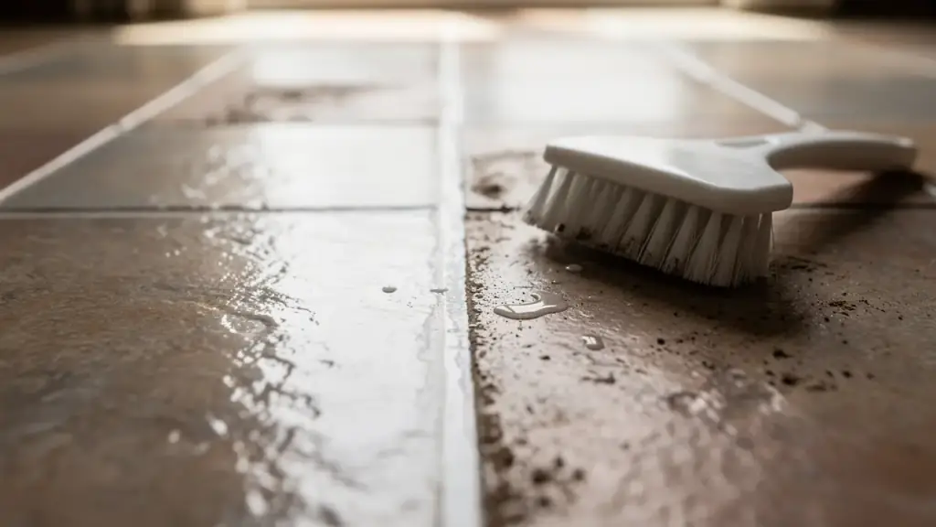 Porcelain floor tile with one cleaned grout line beside darker untreated grout