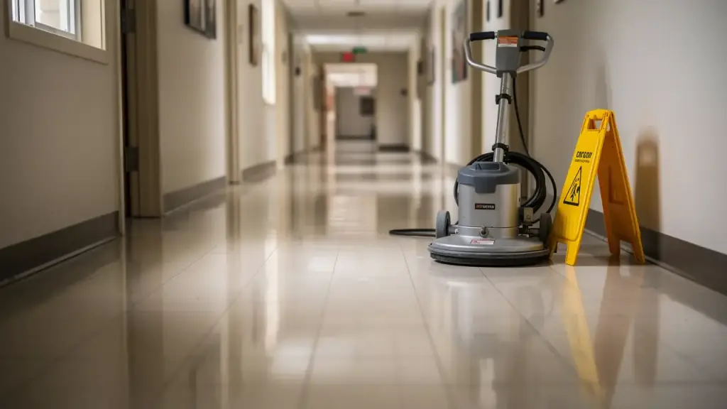 Long corridor of high-gloss waxed vinyl composition tile with a burnisher parked by a wet-floor sign